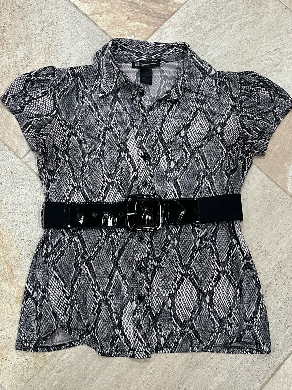 INC International Concepts Black and White Snake Print belted blouse
